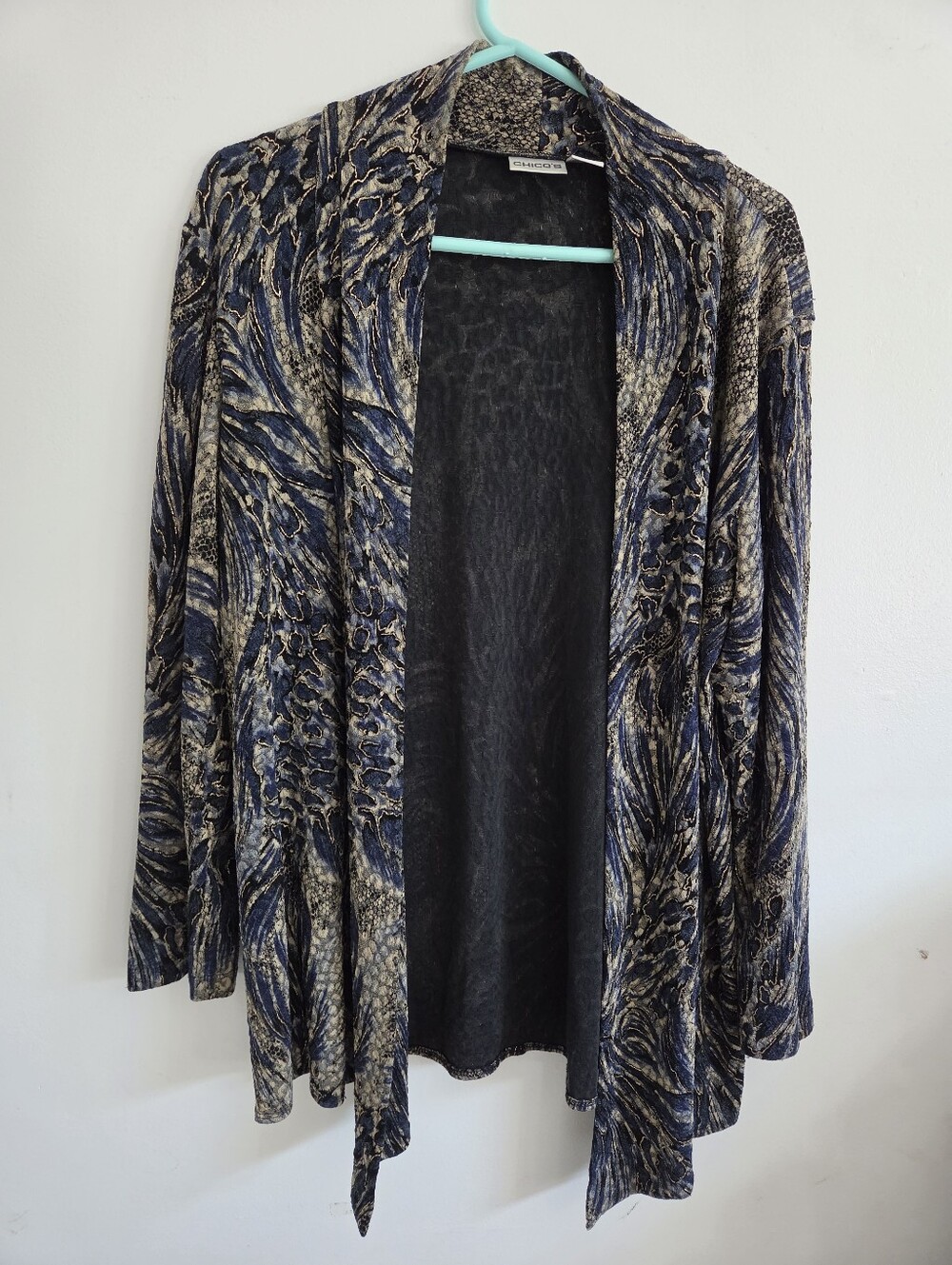 Chico's Blue & Beige Abstract Open-Front Cardigan